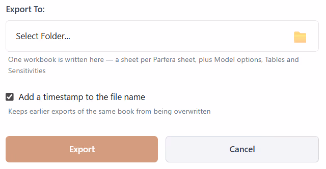 Excel export dialog with a destination folder picker, a timestamp option, and Export and Cancel buttons
