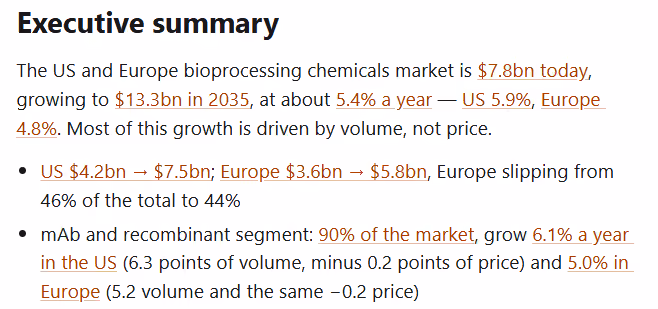 Executive summary text with key market figures underlined as links to the rows behind them